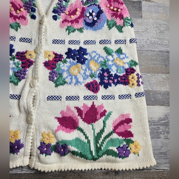 Jantzen Classics Handknit Vintage Sweater Vest Cream With Florals Size XL - Picture 6 of 14